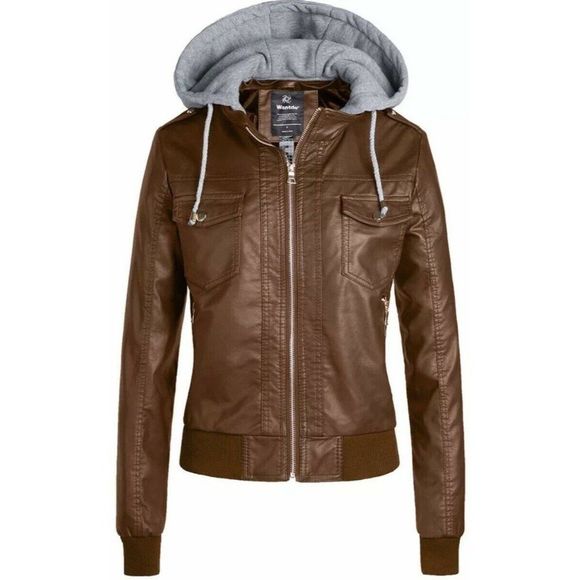 Wantdo Women's Faux Leather Brown Motorcycle Bomber Jacket  Removable Hood M - Picture 1 of 12